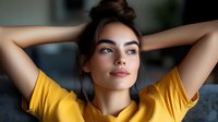 Young woman in yellow t-shirt relaxing on sofa at home, hands behind head, natural makeup and messy bun hairstyle, expressing contentment and wellbeing.