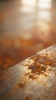 Weathered wooden surface with rust stains and oxidation, shallow depth of field with warm sunlight creating bokeh background, suitable for texture overlays and industrial design projects.