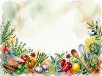 Watercolor frame with fresh vegetables, herbs and kitchen utensils on textured background for culinary designs and cooking projects.
