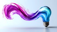 Glowing light bulb emitting vibrant swirling smoke trail in purple and blue gradient colors against light background, representing creative energy and innovation.
