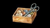Wooden sewing box filled with assorted buttons and vintage scissors, isolated on transparent background. Ready for craft, design, clipart, and print-on-demand projects.