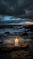 Dramatic stormy seascape with burning candle on driftwood at rocky beach during moody sunset creating peaceful meditation atmosphere.
