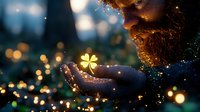 Bearded man with glowing four-leaf clover in hands against magical bokeh background, creating mystical atmosphere for fantasy and folklore concepts.