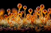 Glowing amber slime mold fruiting bodies emerge from dark substrate, showcasing nature's microscopic artistry in extreme close-up photography.