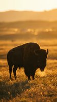 American bison silhouetted against golden sunset in grassland prairie landscape with warm backlit glow and dust particles, wildlife photography.