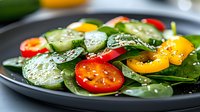 Fresh garden salad with sliced cucumbers, cherry tomatoes, baby spinach leaves and colorful bell peppers on dark plate, close up view with water drops.