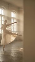 Graceful ballerina in flowing white dress dancing in sunlit studio with arched windows. Professional dancer performing classical ballet movement in elegant interior.