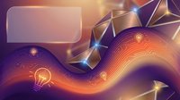 Abstract digital wave with geometric crystals and glowing elements on purple orange gradient background for modern technology design projects.