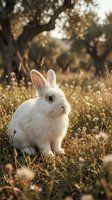 White rabbit sitting in wildflower meadow with golden sunlight filtering through trees, suitable for nature, wildlife, and pastoral themed projects.