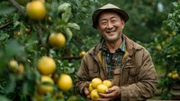 Cheerful senior Asian farmer holding freshly harvested yellow lemons in citrus orchard, wearing straw hat and brown jacket.