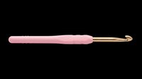 Pink crochet hook with soft grip handle and gold-tone metal tip, isolated on transparent background. Ready for crafting tutorials, product design, t-shirts, stickers, and print-on-demand projects.