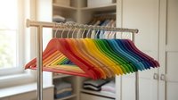 Colorful rainbow gradient clothes hangers arranged on metal rack in organized closet space for wardrobe storage and garment display solutions.