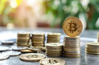 Golden Bitcoin standing on stack of coins against blurred green background, symbolizing cryptocurrency investment and digital finance.