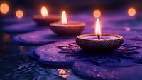 Lit oil lamps with warm flames arranged on purple surface with bokeh lights, suitable for spiritual, meditation, and festive celebration designs.
