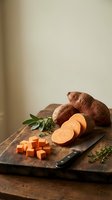 Sweet potato sliced and cubed on wooden cutting board with fresh rosemary and thyme herbs for cooking and meal preparation.