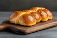 Fresh homemade milk bread rolls with glossy golden crust arranged on wooden cutting board against dark background, traditional sweet baked goods.