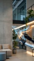 Hand holding glowing holographic arrow pointing right in modern office lobby with plants and contemporary architecture, representing digital innovation and business direction.