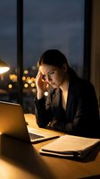 Stressed businesswoman working late at office with laptop, holding head in hand showing fatigue and work pressure in evening city lights.