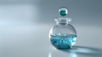 Elegant round glass bottle with turquoise liquid and spherical stopper on light background, casting soft shadow. Perfect for luxury cosmetics or fragrance concepts.