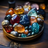 Collection of colorful healing crystals and gemstones in golden bowl on wooden surface for meditation, spiritual wellness and energy healing practices.