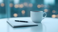 White coffee cup and pen on notebook against blurred bokeh lights background, creating peaceful morning workspace atmosphere for writing and planning.