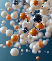Molecular structure model with white, orange, and navy spheres connected by thin rods against blue background.