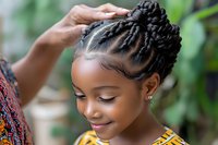 Young African American girl getting her hair braided in traditional cornrow style by caring hands in natural outdoor setting with green foliage background.