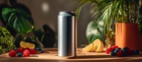 Blank aluminum beverage can on wooden table surrounded by fresh fruits and tropical plants, perfect for mockup designs in food marketing.