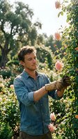 Male gardener in denim shirt tending climbing roses in lush garden setting. Caucasian man wearing work gloves carefully pruning pink flowering vines surrounded by blooming plants and green foliage.