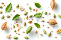 Fresh green bay leaves scattered with pistachio nuts and cardamom pods on white background, overhead view. Food ingredients pattern isolated.