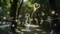 Glowing line art silhouette of girl holding heart balloon among stars and hearts on blurred forest background, romantic dreamy atmosphere for valentines designs.