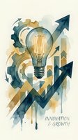 Watercolor lightbulb with gears and upward arrows symbolizing innovation and business growth for creative projects and presentations.