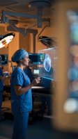 Female surgeon examining holographic heart display in modern operating room with advanced medical technology and surgical equipment.