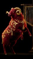 Majestic red ram with golden horns and ornate baroque decorations standing regally in luxurious interior setting with antique mirror and dramatic lighting.