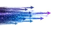 Glowing blue and purple arrows with sparkle trail effect moving forward on white background, abstract dynamic motion concept for business growth and progress.