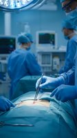 Surgeon performing operation in modern operating room with medical team and advanced equipment. Professional healthcare and surgical procedure concept.