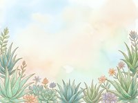 Soft watercolor background with succulents, aloe vera, and delicate wildflowers in pastel tones, perfect for cards, invitations, and botanical designs.