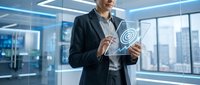 Professional businessman using digital tablet with email hologram in modern office environment for corporate communication and technology solutions.