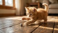 Fluffy ginger kitten playing with a small toy on wooden floor in sunlit room, perfect for pet care, animal behavior, and lifestyle content.