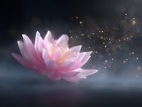 Pink lotus flower floating on misty water surface with magical glowing particles and bokeh lights creating ethereal atmosphere against dark background.