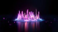 Futuristic glowing cityscape with neon purple light pillars reflecting on water surface against dark background, creating magical urban nightscape atmosphere.