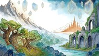 Fantasy landscape with floating crystals, ancient ruins, mountains and mystical castle in dreamy ethereal setting for gaming and storytelling projects.