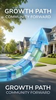 Upward arrow made of blue and green glass blocks curves through suburban neighborhood with houses, symbolizing real estate growth, community development, and financial progress in residential market.