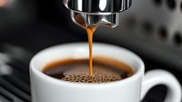 Fresh espresso pouring from machine into white ceramic cup with rich crema foam, perfect for cafe and coffee shop marketing materials.