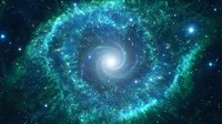 Spiral galaxy with glowing turquoise and blue cosmic dust arms swirling around bright central core against starry deep space background for astronomy content.