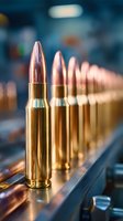 Row of shiny brass ammunition with copper tips lined up on metal surface, showcasing precision manufacturing for hunting or sport shooting.