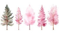 Watercolor forest trees in pink and green tones, set of 5 different trees with soft gradient effects and delicate branches, nature art collection.