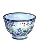 Decorative ceramic bowl with blue swirl patterns, floral branch motifs, and watercolor-style details on white background. Isolated tableware design element suitable for kitchenware, home decor, and product packaging applications.