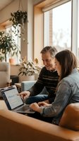 Mature man with gray hair and woman with long dark hair reviewing financial data on laptop together by bright window with hanging plants in modern home office.