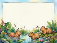 Watercolor frame with capybaras resting near a pond, surrounded by tropical plants, lily pads, and a small bird, with blank space for text.